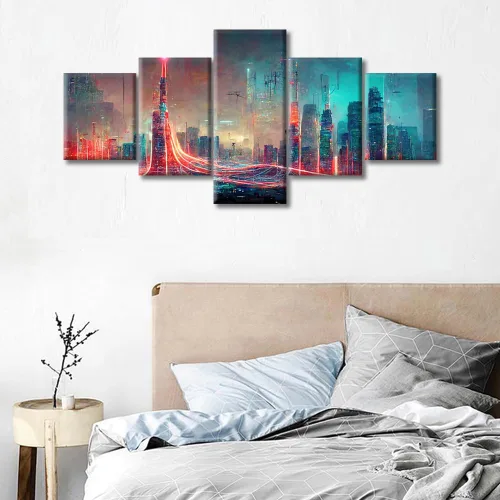 Vista 260 de Cuadros de 5 paneles de Cyberpunk City, arte de pared, representación de vallas publicitarias, edificios modernos en la capital con obras de arte