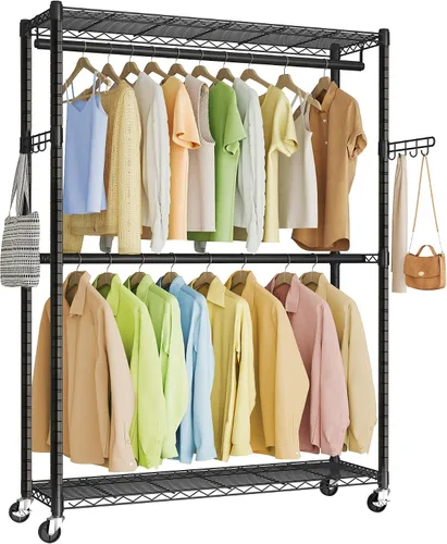 Vista 9 de SONGMICS ULGR418BH01 - Perchero de ropa con ruedas rodantes, con estantes de malla ajustables y rieles para colgar, ganchos, 15.8 x 35.4 x 78.3