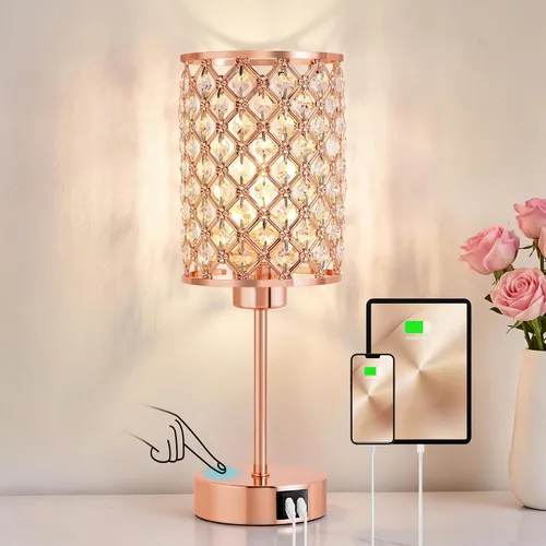 Vista 9 de Lámpara de mesa de cristal, lámpara táctil púrpura con puerto USB C+A Púrpura-1