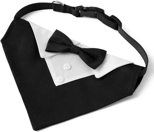 Vista 3 de Collar de perro de esmoquin para boda, compromiso y cumpleaños, collar bandana formal para perro disfraz con corbata de moño y hebilla ajustable