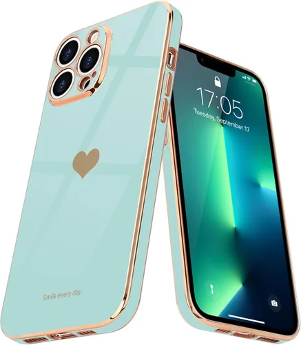 Vista 12 de Teageo Funda para iPhone 13 Pro para mujeres y niñas, diseño de corazón de amor, cubierta trasera suave, protección completa de la cámara, Negro