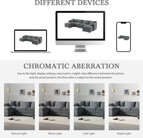 Vista 70 de Moderno sofá modular en forma de U con almohadas para la cintura, sofá cama con diván, sofá tapizado simétrico de felpilla de 6 asientos para sala