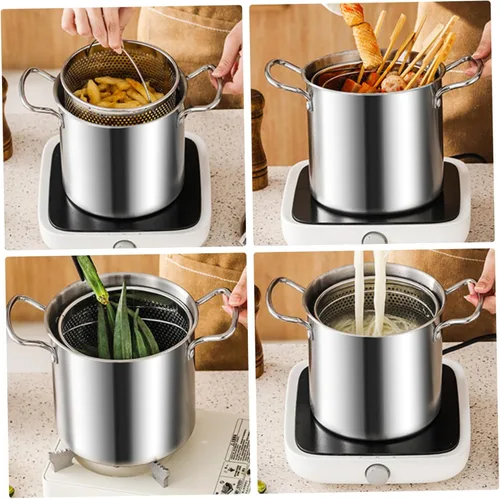 Vista 3 de Olla para freír con cesta, olla de 3.5 litros de acero inoxidable pequeña freidora profunda con mango antiquemaduras olla de pescado y cesta