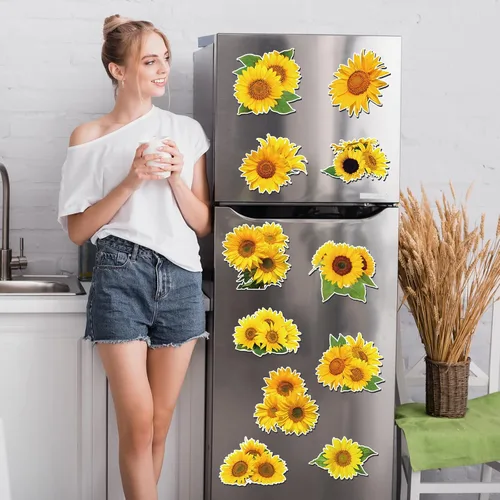 Vista 5 de Zhanmai 24 piezas de imanes de girasol para nevera, imanes de girasol para auto, imanes de nevera de flores de verano, adhesivos magnéticos