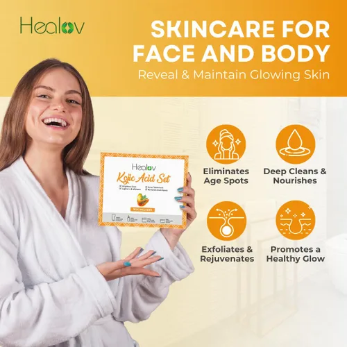 Vista 3 de Set de cuidado de la piel de ácido kójico – Jabón limpiador de jabón kójic, exfoliante corporal, crema facial y suero facial iluminador