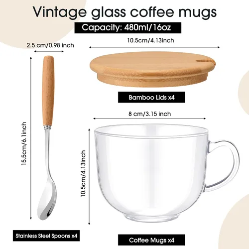 Vista 2 de Sliner 4 juegos de 16 onzas Tazas grandes de vidrio de otoño con tapas de bambú, cucharas, asa, tazas de té de vidrio transparente vintage