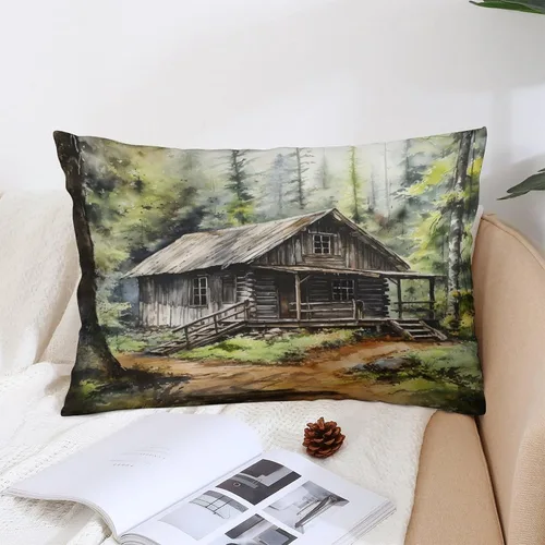 Vista 5 de Funda de almohada rústica de 12 x 20 pulgadas, diseño de cabaña en el bosque, súper suave, funda de cojín impresa de doble cara, funda de almohada
