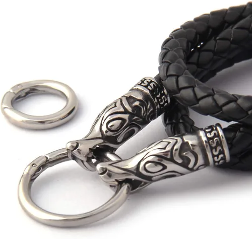 Vista 4 de BAVIPOWER Collar de cuero con cabeza de lobo vikingo para hombres y mujeres con 2 cierres diferentes, solo cadena de acero inoxidable 316L, joyería