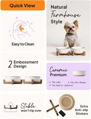 Vista 5 de LE TAUCI PET Juego de cuencos de cerámica para perros y gatos con soporte de madera de acacia, 2 tazas con peso antideslizante para alimentos y agua