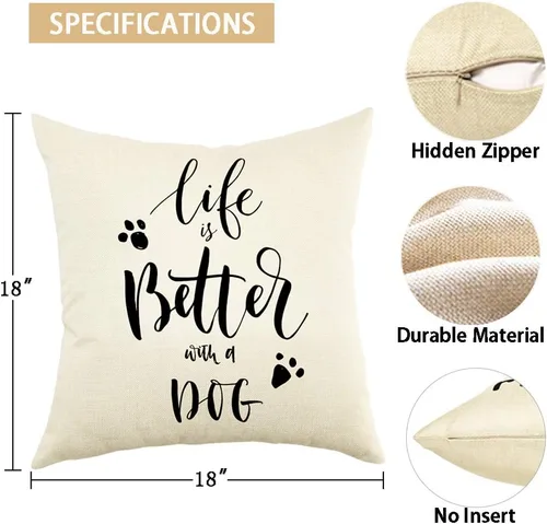 Vista 6 de Ogiselestyle Funda de cojín única Life is Better with A Dog Lover con cita para sofá, decoración sencilla del hogar, funda de almohada de 18 x 18