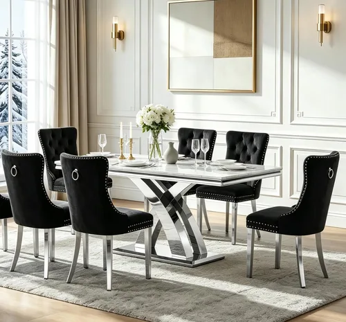 Vista 20 de Henf Mesa de comedor de mármol sintético de 68 pulgadas para 4-6 personas, mesa rectangular moderna con parte superior de mármol blanco y base