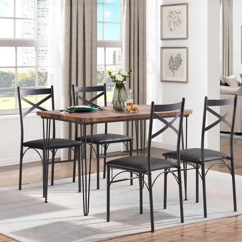 Vista 2 de VECELO Juego de mesa de comedor de cocina para comedor, rincón de desayuno, 4 sillas con marco de metal de poliuretano, rectangular, juego de 5
