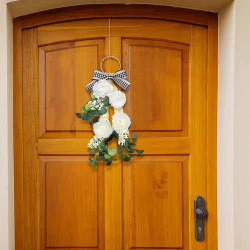 Vista 6 de Giegxin 2 guirnaldas de eucalipto de 17 pulgadas para puerta delantera, estampado floral artificial, primavera, granja, lágrima, con cinta, rústico