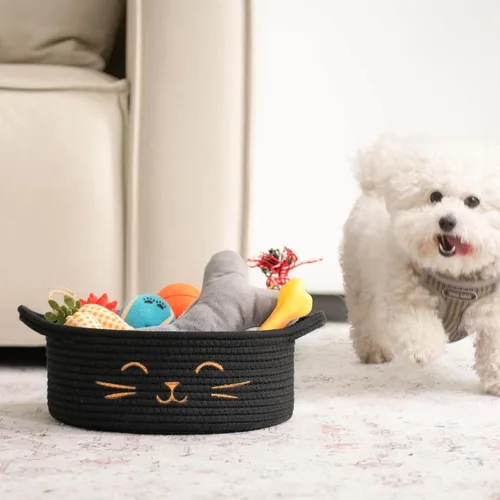 Vista 4 de Cesta pequeña de almacenamiento, cesta de juguetes para mascotas negra y linda para gatos, perros, cesta de cuerda decorativa para organizar, cesta