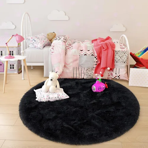 Vista 5 de junovo - Alfombra redonda y esponjosa para niños y niñas, de castillo de princesa, de felpa lanuda, para dormitorio, habitación de bebé, sala