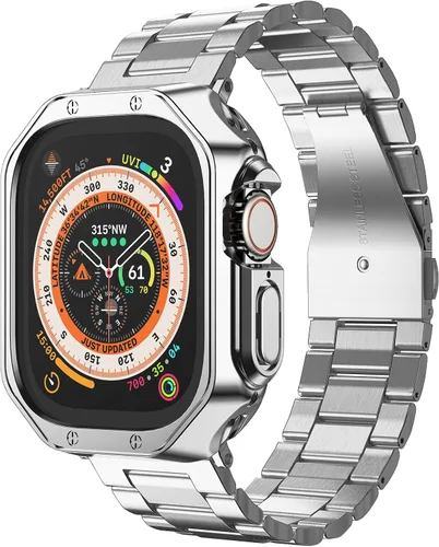 Vista 17 de Compatible con Apple Watch Banda y Estuche, Cadena de Metal de Acero Inoxidable con Cubierta de TPU, Correa de Pulsera de Eslabones