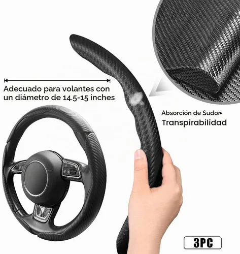 Vista 2 de Pincuttee Funda de Volante de Fibra de Carbono - Protector de Volante Universal Antideslizante de 3 Piezas, Negro Mate