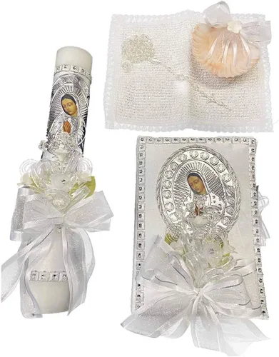 Vista 6 de SWEA Pea & Lilli - Juego de velas de bautismo de Virgen María blanca para bautizos con concha y recuerdos