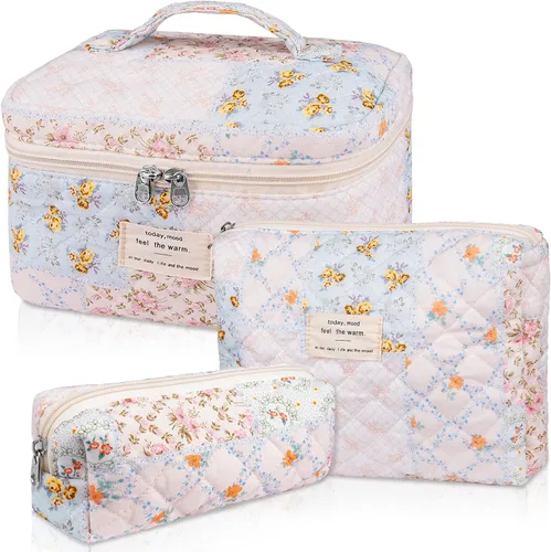 Vista 18 de Juego de bolsas de maquillaje, bolsa de maquillaje acolchada, bolsa grande para cosméticos florales para mujer, bonitas bolsas de maquillaje