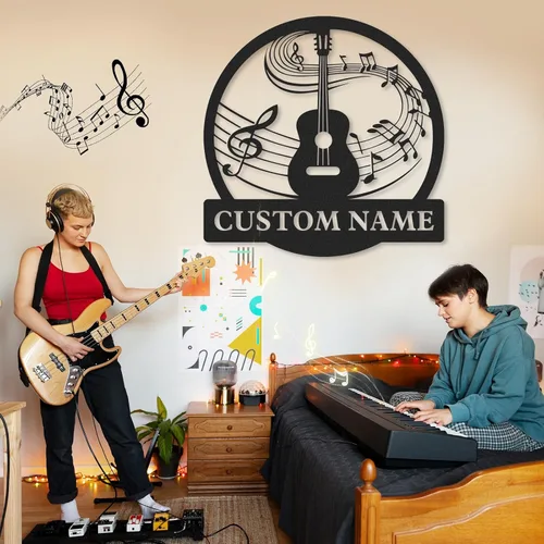 Vista 2 de Letrero de metal personalizado de guitarra, letreros de metal personalizados, decoración de pared de notas musicales, arte de pared divertido