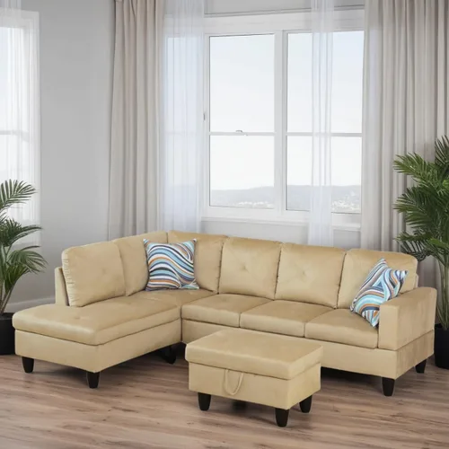 Vista 4 de Sofás en forma de L para sala de estar, muebles de sofá seccional para sala de estar con otomana de almacenamiento, sofá seccional modular con Beige