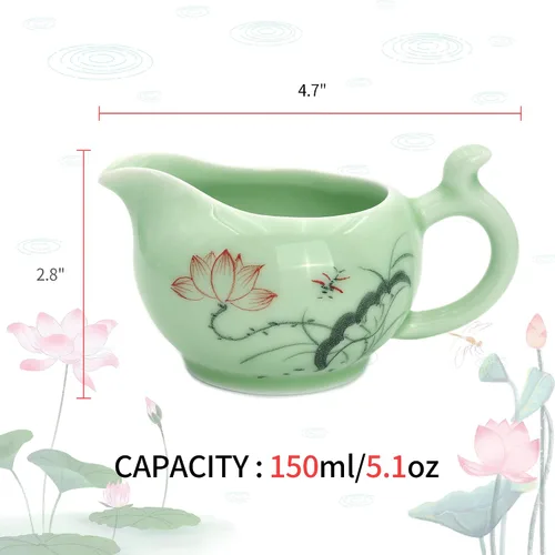 Vista 4 de Hotumn Celadon Juego de té de porcelana hecho a mano con tema de loto, tetera de porcelana cubierta taza de té Gongdao taza de China
