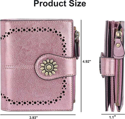 Vista 6 de Lavemi Cartera de piel para mujer, pequeña, compacta, con bloqueo RFID, para tarjetas de crédito, con bolsillo con cremallera