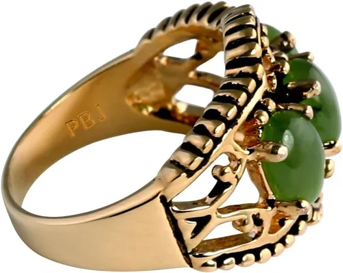 Vista 2 de PalmBeach - Anillo de 3 piedras de jade verde genuino chapado en oro amarillo antiguo con forma ovalada, tallas 5-10