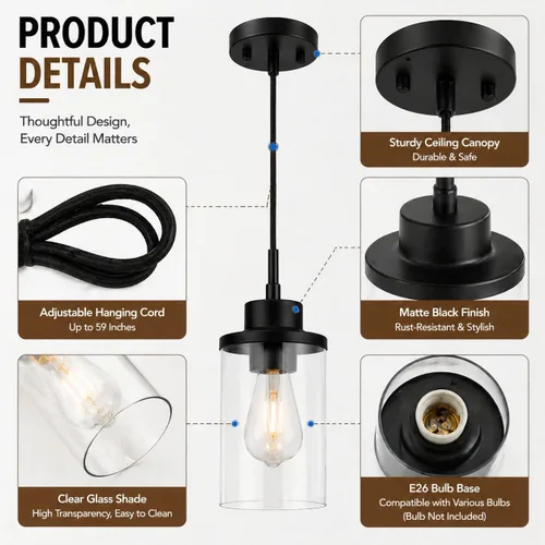 Vista 6 de Moderna Lámpara Colgante de Granja Negra de Vidrio Transparente Cilíndrico, Iluminación Colgante de Metal Industrial Mini para Isla de Cocina, Mesa