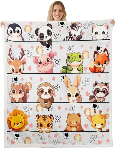 Vista 33 de Manta de franela de animales de dibujos animados para todas las estaciones, manta de cama azul con estampado de amor Kawaii para decoración