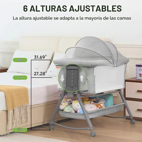 Vista 7 de Real Relax Moisés para bebé, cuna mecedora 3 en 1 para bebé con 6 alturas ajustables, laterales y colchón de malla transpirable, cesta de Gris