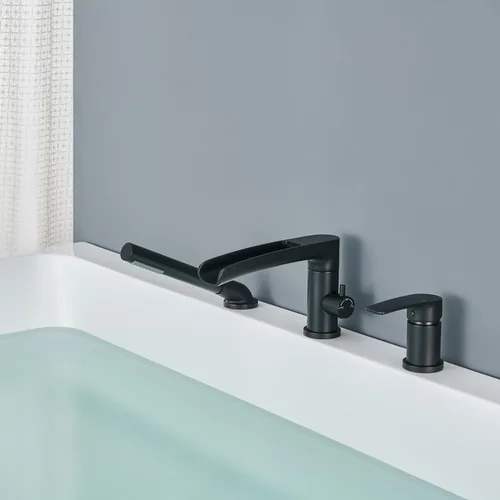 Vista 8 de Wowkk Grifo de Bañera Cascada de Bañera Romana Negro Montaje en Cubierta Grifos de Bañera de Latón Relleno de Bañera Grifos de Baño con Ducha de Mano