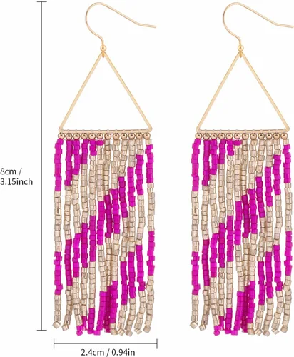 Vista 6 de Aretes bohemios de cuentas de semillas para mujer, hechos a mano, aretes de borla con cuentas para mujer