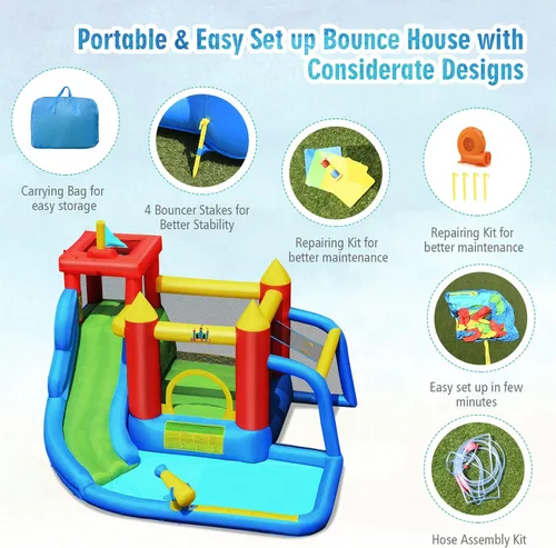 Vista 7 de BOUNTECH Tobogán acuático inflable, parque de toboganes acuáticos 7 en 1 para niños, diversión al aire libre con puerta de fútbol, soplador GFCI