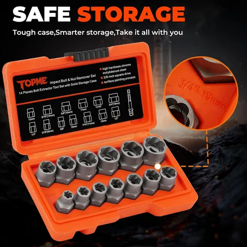 Vista 6 de Kit extractor de pernos, juego de 14 piezas de removedor de tuercas de acero CR-MO grado impacto, dado de 3/8" para remover pernos