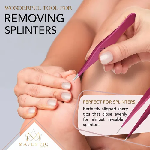 Vista 7 de Majestic Bombay Pinzas de punta fina + inclinadas para mujeres y hombres, garrapatas astilladas, depilación facial, cejas y encarnadas, afiladas