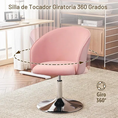 Vista 3 de Furnimart Silla de Tocador de Terciopelo con Marco de Cromo, Altura Ajustable y Giratoria, Rosa - Sala de Estar, Dormitorio, Oficina Terciopelo