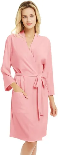 Vista 17 de U2SKIIN Batas para mujer, 100% algodón, ligeras batas con mangas 3/4, kimono de punto, suaves, ropa de casa, bata corta de baño A-algodón gris