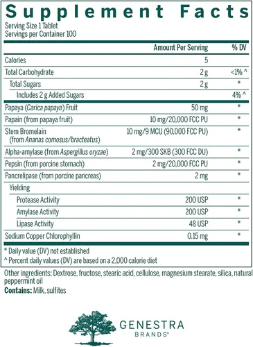 Vista 2 de Genestra Brands Bio Enzimas, sabor a menta, 100 tabletas masticables