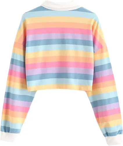 Vista 3 de Remidoo - Sudadera con manga larga para mujer, diseño de rayas, estilo crop top, cuello con botones a media altura, arcoíris