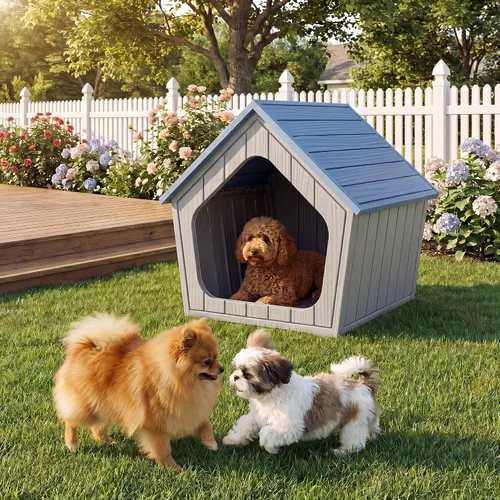 Vista 6 de Casa para perros para interiores y exteriores (azul, 23.43 pulgadas de largo x 22.64 pulgadas de ancho x 22.8 pulgadas de alto)