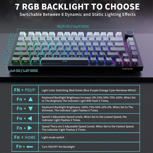 Vista 6 de FOPETT Teclado mecánico inalámbrico recargable retroiluminación ajustable tres modos con cable /2.4G/Bluetooth grabado lateral
