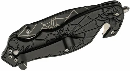Vista 4 de SZCO Cuchillo plegable de tela de araña de 4.75 pulgadas, cuchillo de bolsillo EDC con mango de aluminio negro con incrustaciones rojas, hoja