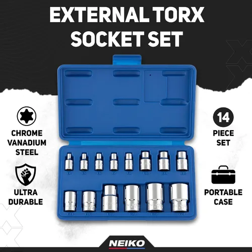 Vista 2 de NEIKO 04300A E-Torx Juego de Zócalos, 14 Piezas, Toma Torx Externa, E4 a E24, 1/4", 3/8" y 1/2" Unidad, Torx Externo Hembra, Torx Invertido, Acero