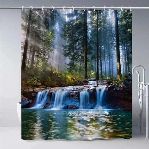 Vista 2 de Cortina de ducha de cascada para baño, bosque, escena de naturaleza, paisaje, cortina de ducha de primavera con temática de naturaleza, tela