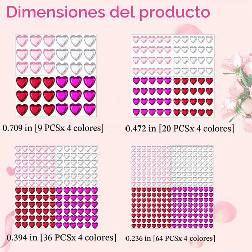 Vista 6 de REDANHA 516 calcomanías de corazón de diamantes de imitación acrílicas, autoadhesivas, gemas de corazón, rojo, rosa, transparente, rosa, rojo