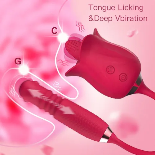 Vista 4 de Juguete sexual de rosas para mujeres, estimulador sexual de rosas 3 en 1 para mujeres, 10 lenguas lamiendo y 10 telescópicas y vibrador de rotación