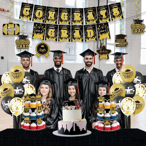 Vista 4 de KatchOn, Cartel de graduación de felicitaciones negras y doradas – Paquete de 37 Cartel de graduación de felicitaciones para decoraciones