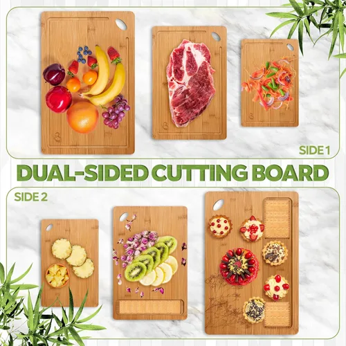 Vista 7 de Juego de 3 tablas de cortar de madera, tablas de cortar de bambú no tóxicas para cocina con ranuras profundas para jugos, tablas de servir de madera