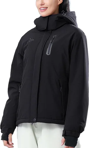 Vista 5 de CAMEL CROWN Chaqueta de esquí para mujer, impermeable, cálida, para invierno, con capucha, rompevientos, rompevientos, resistente al viento